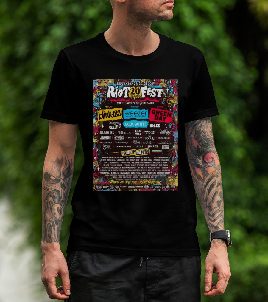 Riot 20 Years Fest Douglass Park Chicago September 19 20 21 2025 Lineup Featuring Blink-182 Weezer Green Day And More T-Shirt