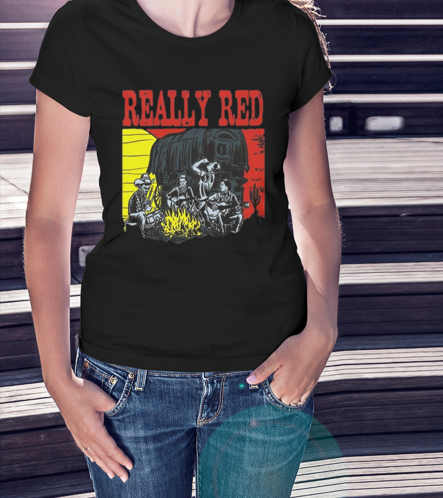 Really Red Cow Punks Campfire Scene With Musical Cowboys And Wagon T-Shirt