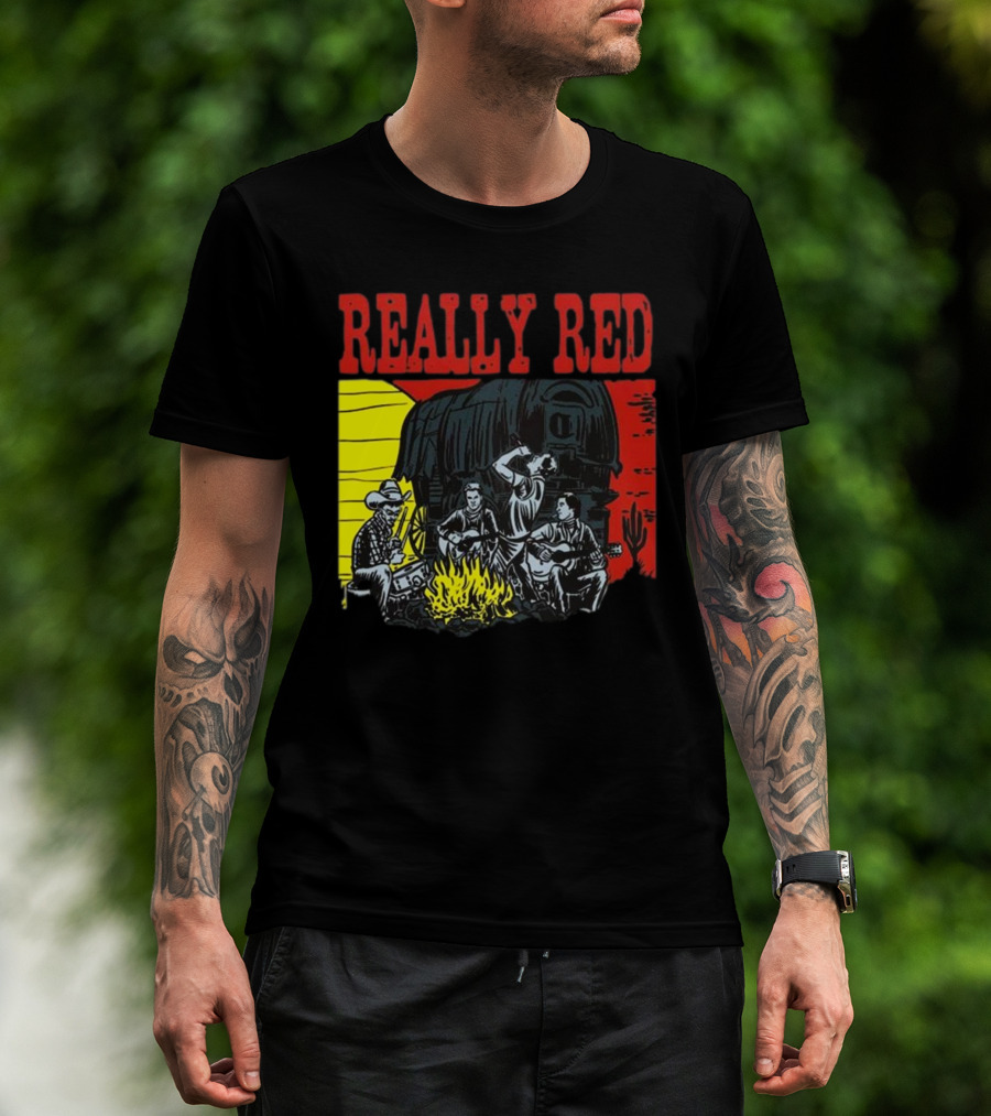 Really Red Cow Punks Campfire Scene With Musical Cowboys And Wagon T-Shirt