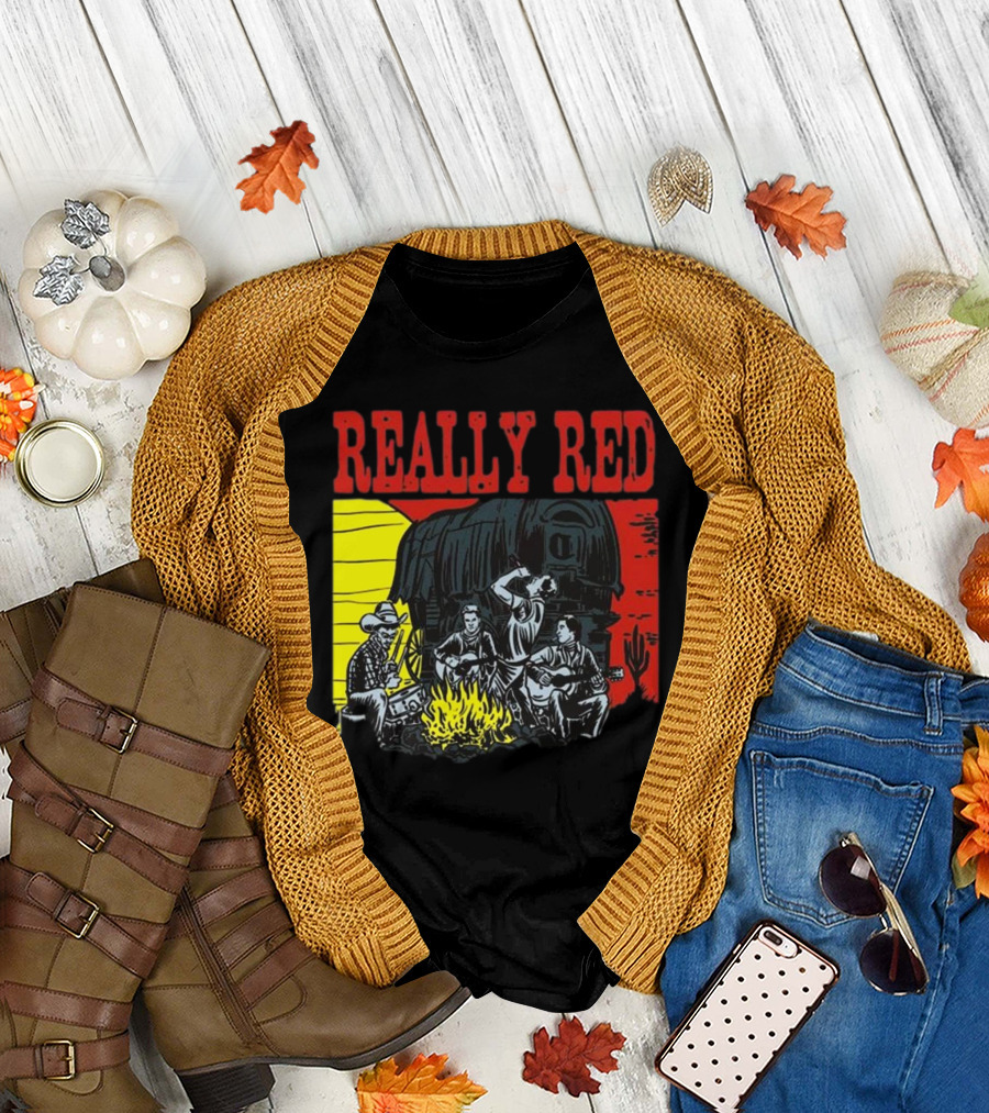 Really Red Cow Punks Campfire Scene With Musical Cowboys And Wagon T-Shirt