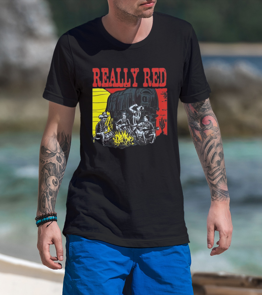 Really Red Cow Punks Campfire Scene With Musical Cowboys And Wagon T-Shirt