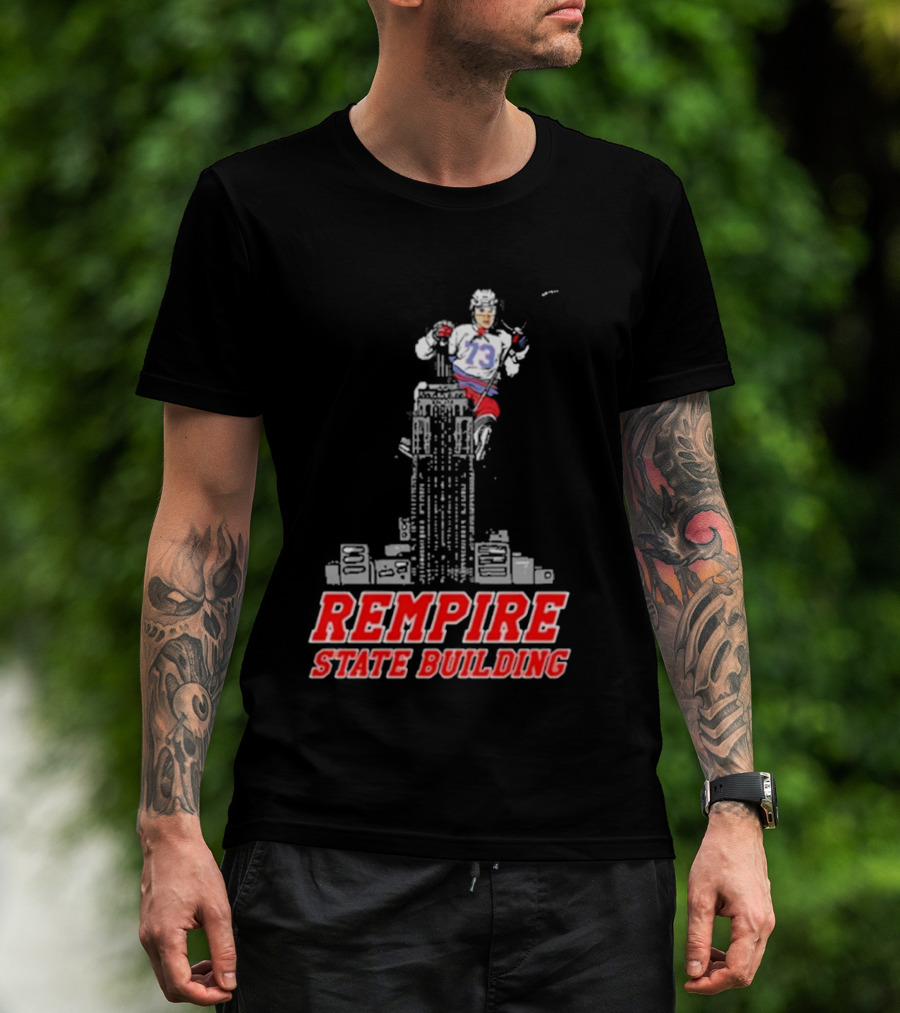 Rempire State Building Red And Blue Hockey Player Skyscraper Concept T-Shirt