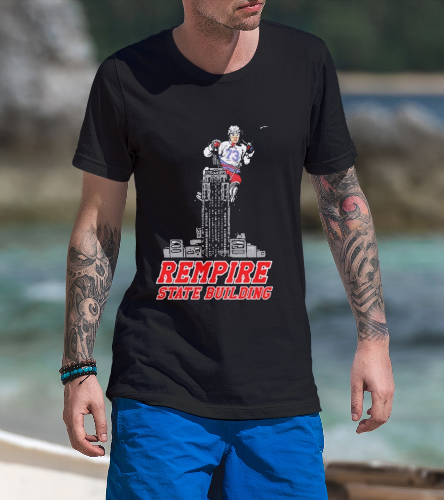 Rempire State Building Red And Blue Hockey Player Skyscraper Concept T-Shirt