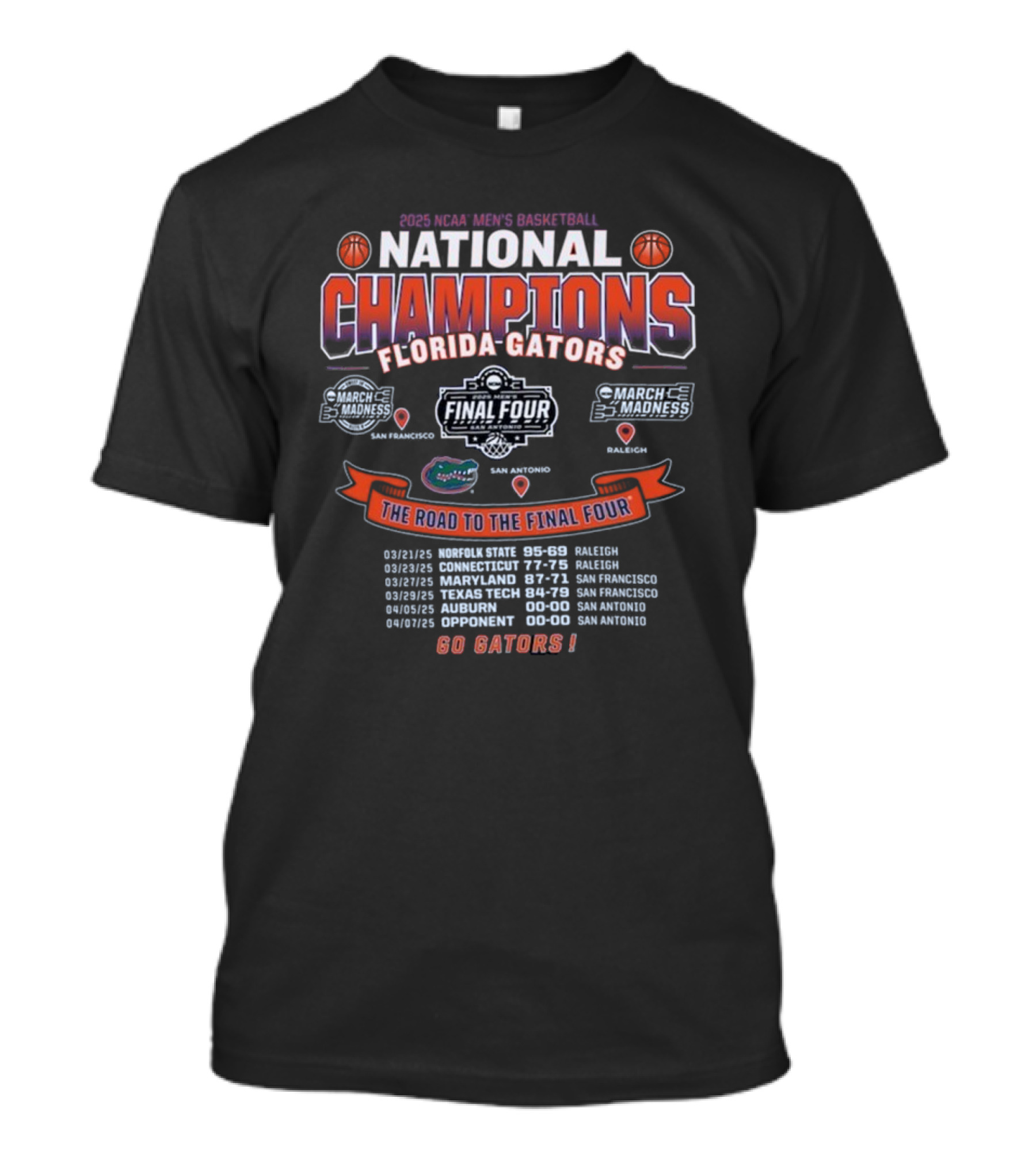 2025 NCAA Men’s Basketball National Champions Florida Gators Final Four Road Go Gators T-Shirt