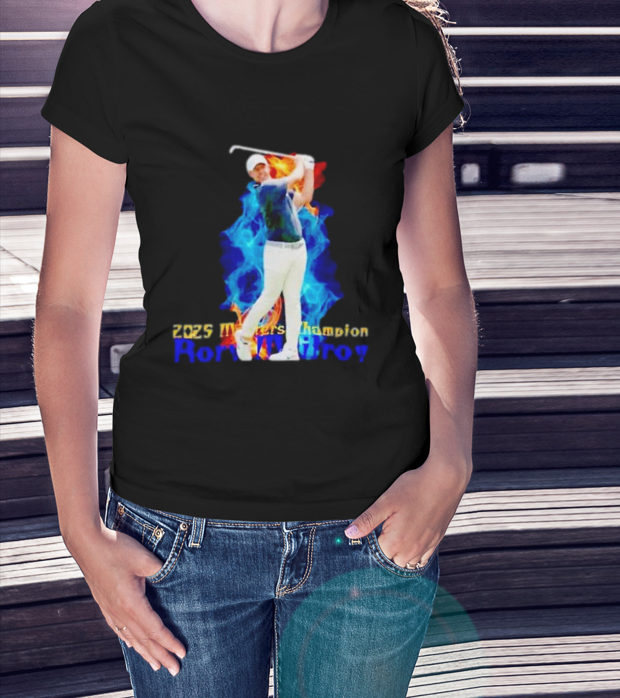 Rory McIlroy 2025 Masters Champion Golf Swing With Fire And Blue Flame Background T-Shirt