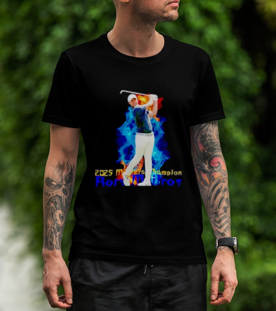 Rory McIlroy 2025 Masters Champion Golf Swing With Fire And Blue Flame Background T-Shirt
