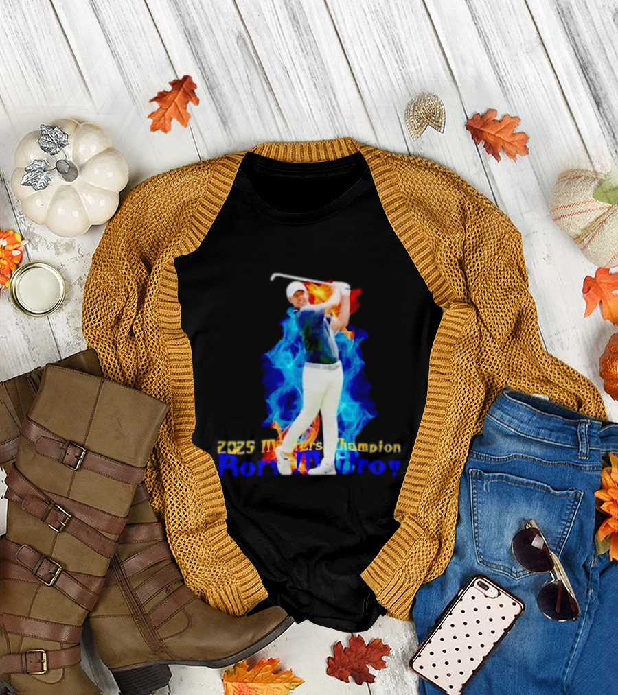 Rory McIlroy 2025 Masters Champion Golf Swing With Fire And Blue Flame Background T-Shirt