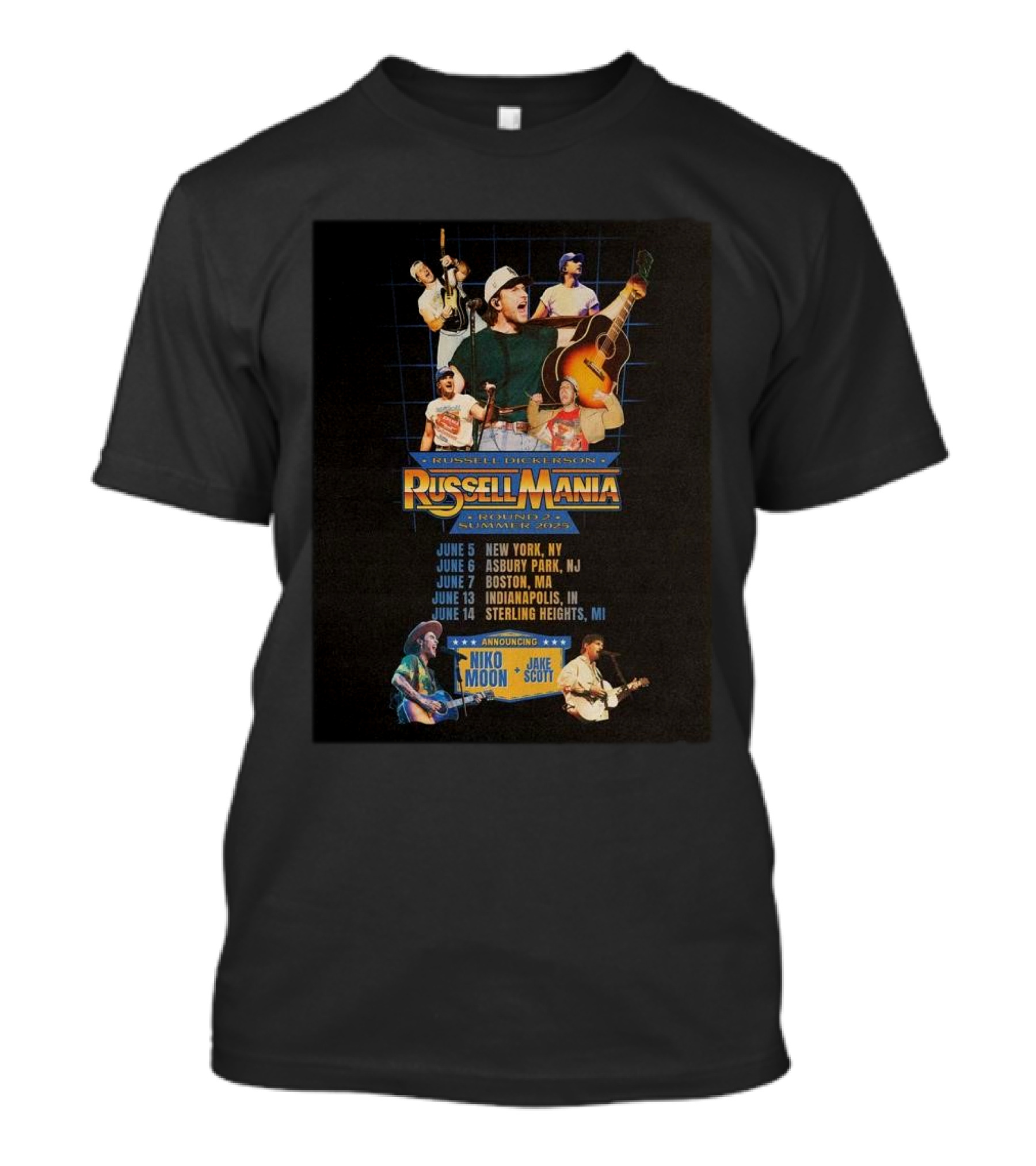 Russell Dickerson Russell Mania Round 1 Summer 2025 Tour New York Asbury Park Boston Indianapolis Sterling Heights Featuring Niko Moon Jake Scott T-Shirt