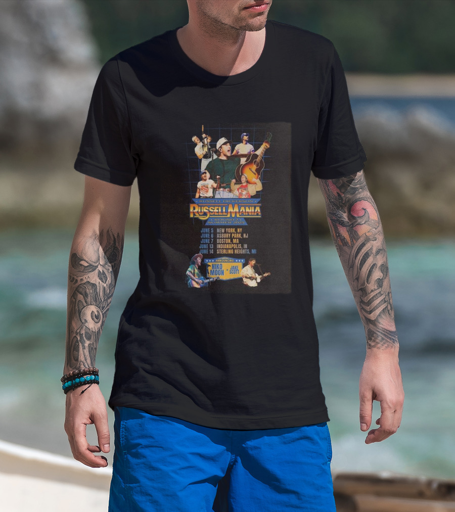 Russell Dickerson Russell Mania Round 1 Summer 2025 Tour New York Asbury Park Boston Indianapolis Sterling Heights Featuring Niko Moon Jake Scott T-Shirt