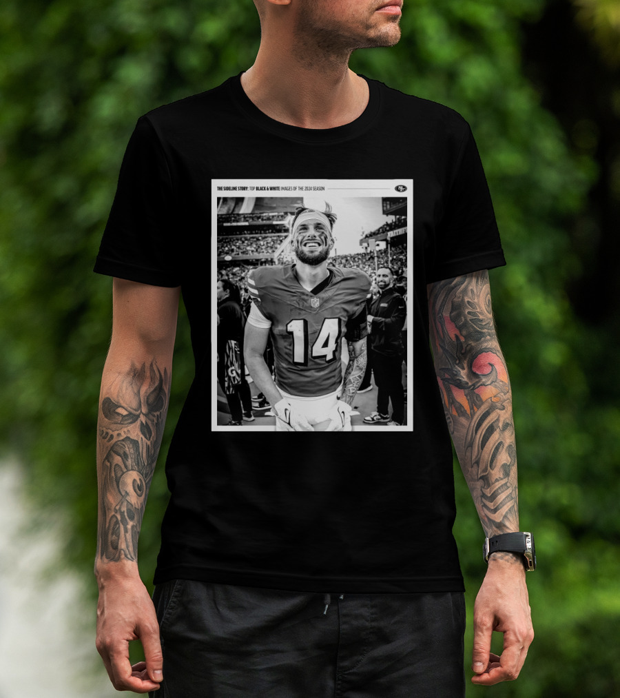 The Sideline Story: San Francisco 49ers Top Black And White Images Of The 2024 Season Ricky Pearsall T-Shirt