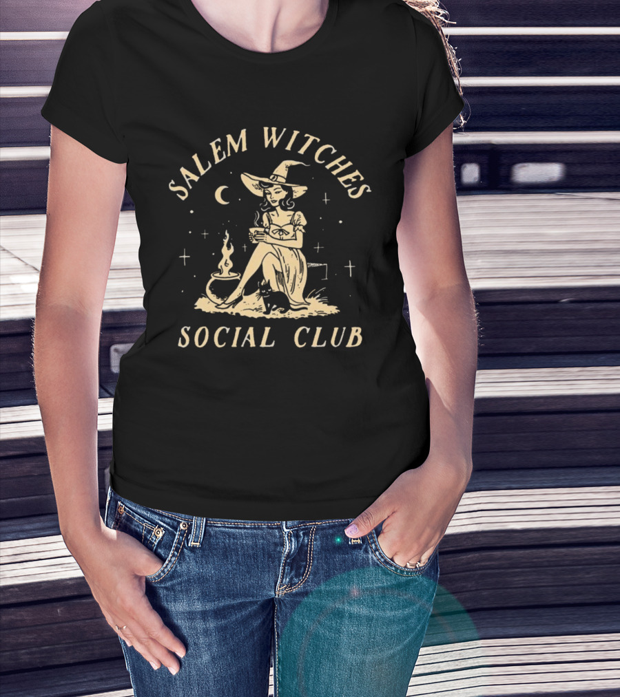 Salem Witches Social Club Halloween Witch With Cauldron And Moon T-Shirt