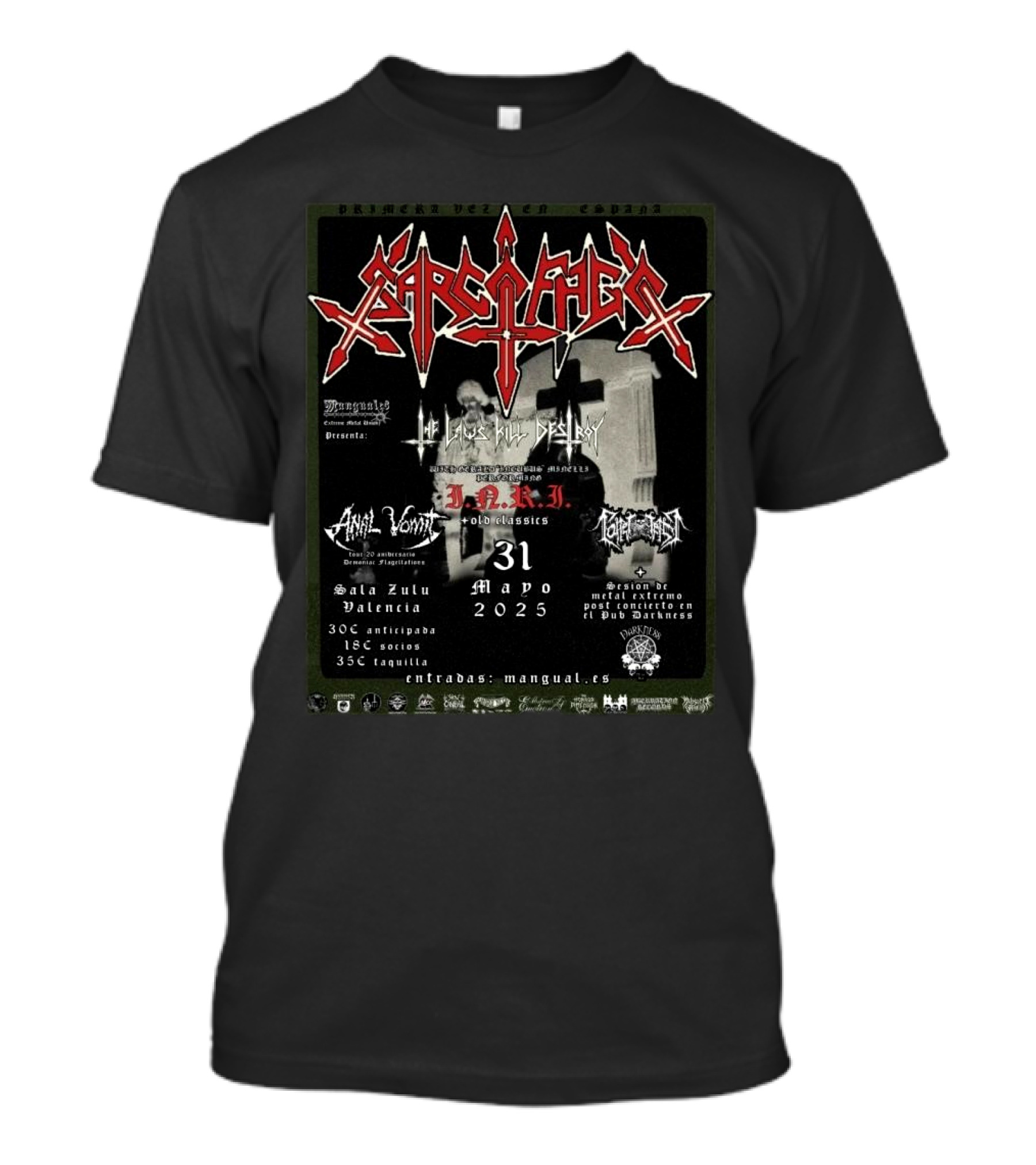 Sarcofago España 2025 Valencia Concierto Evento De Metal D.R.I. May 31 Sala Zulu T-Shirt