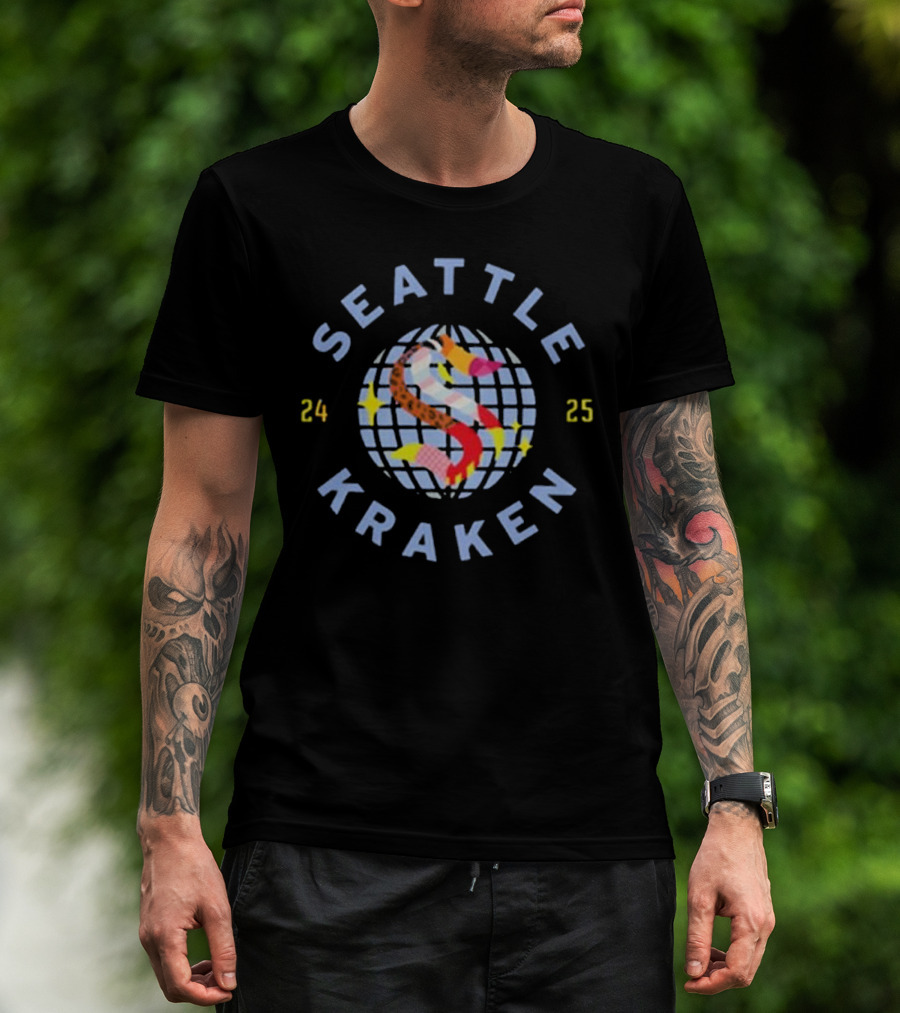 Seattle Kraken Pride Night 2025 Globe Stars Rainbow S 24 25 T-Shirt