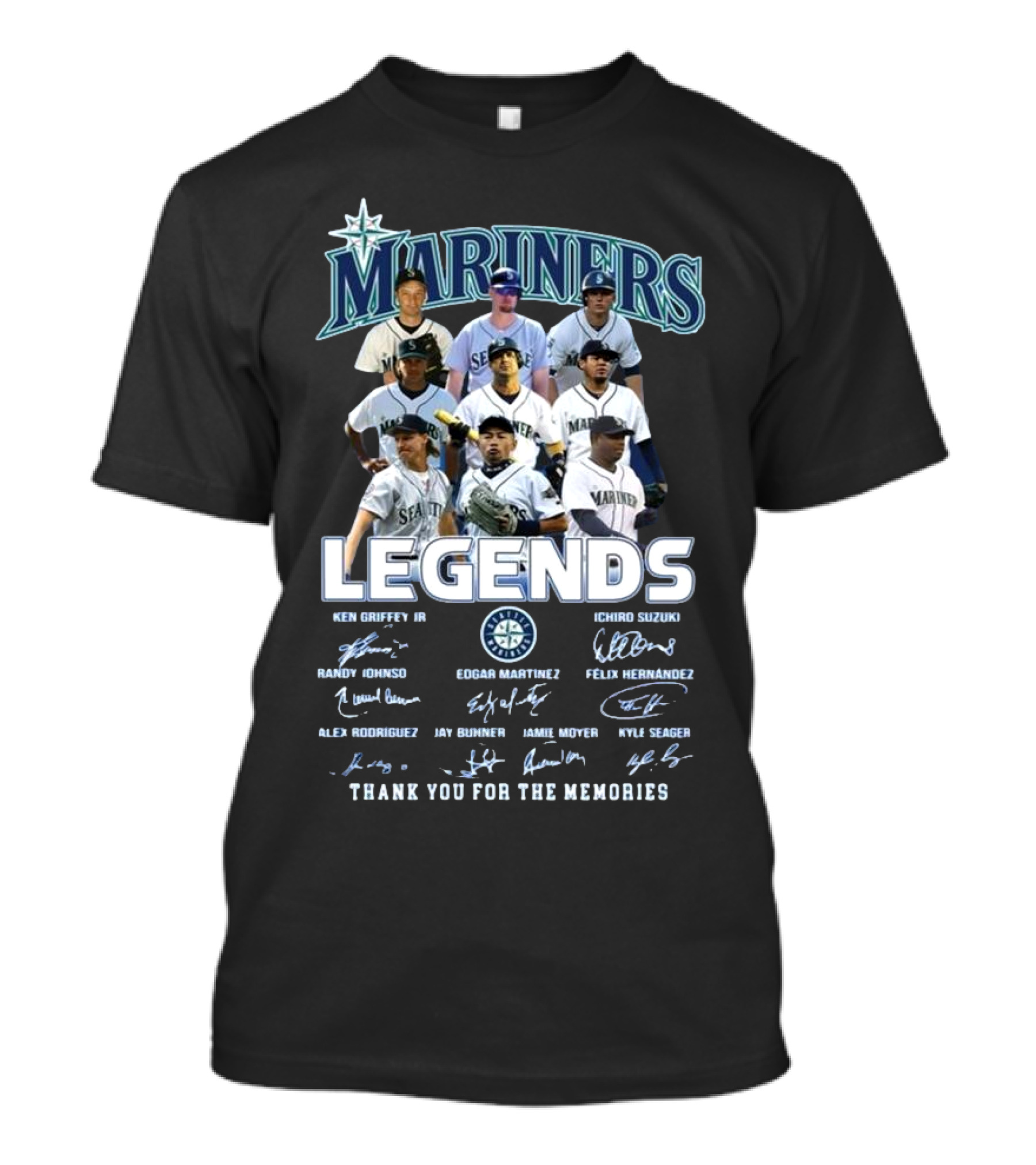 Seattle Mariners Legends Ken Griffey Jr Ichiro Suzuki Edgar Martinez Signatures Thank You For The Memories 2025 T-Shirt