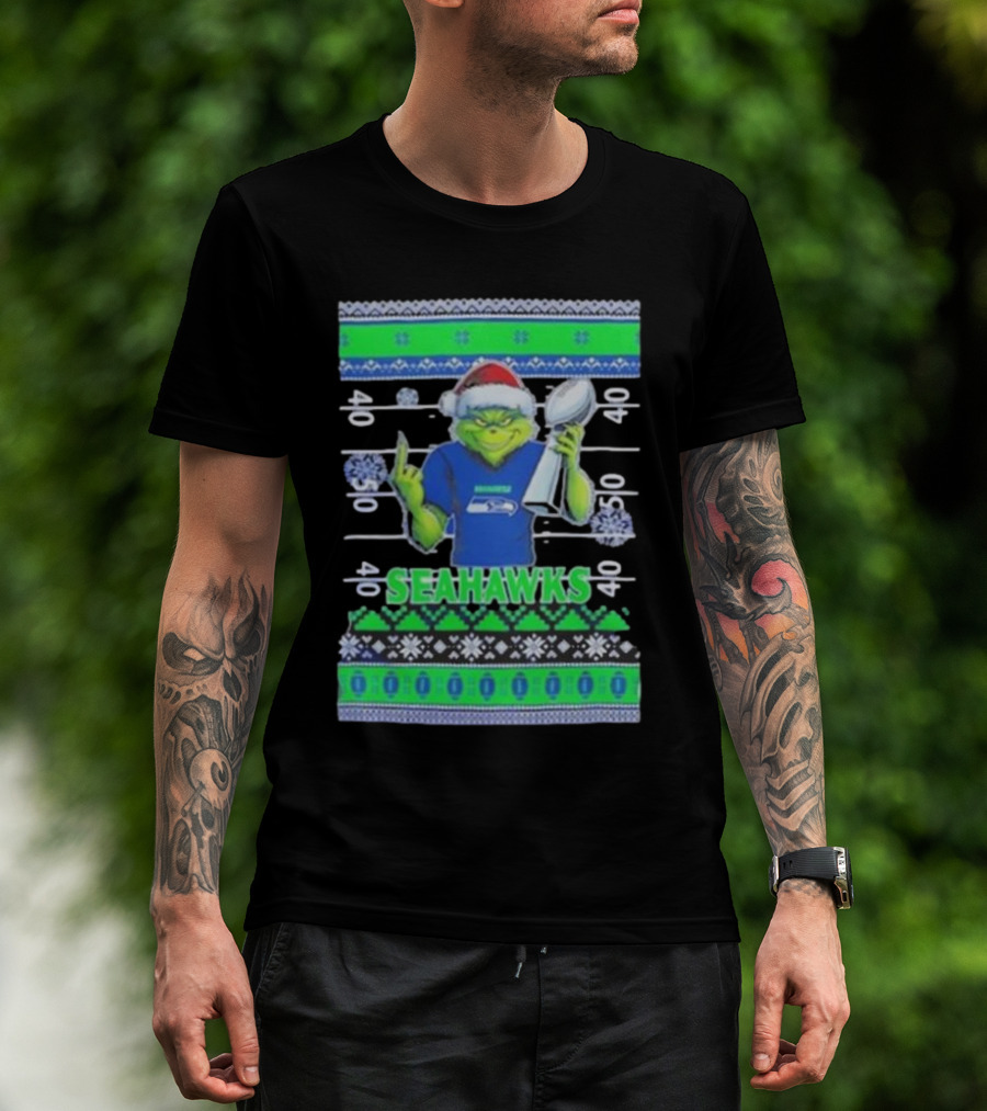Seattle Seahawks Grinch Christmas Super Bowl Trophy Ugly Sweater T-Shirt