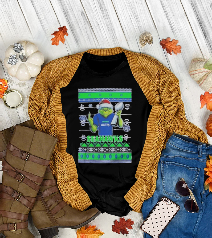 Seattle Seahawks Grinch Christmas Super Bowl Trophy Ugly Sweater T-Shirt
