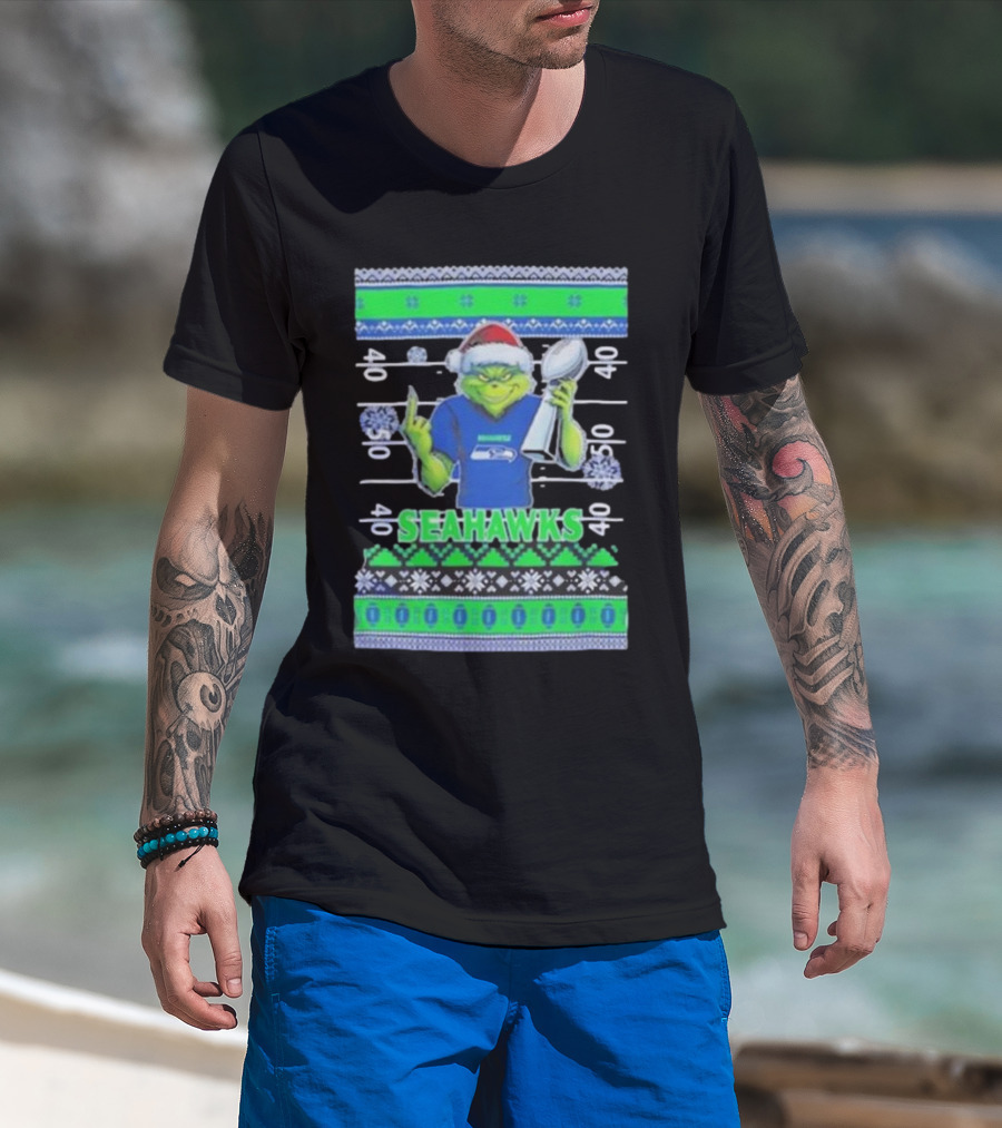 Seattle Seahawks Grinch Christmas Super Bowl Trophy Ugly Sweater T-Shirt