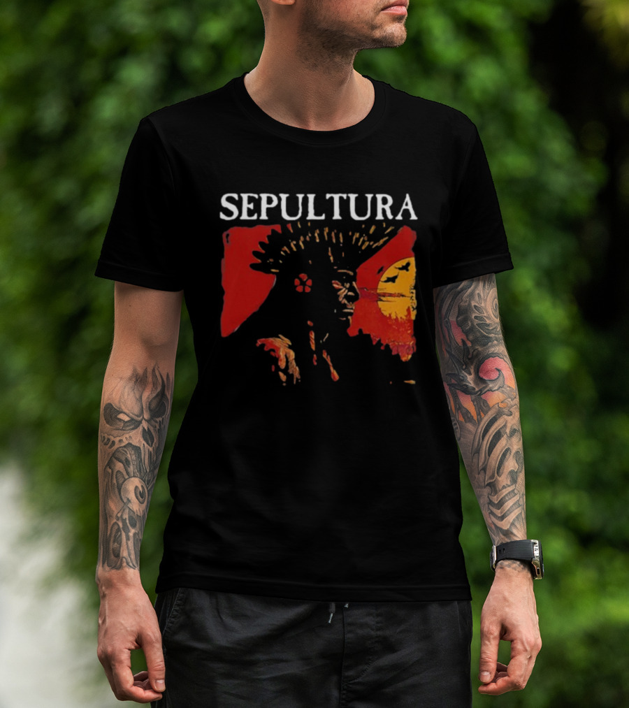 Sepultura Celebrating Life Through Death Black Sunburst And Sunset Scene T-Shirt