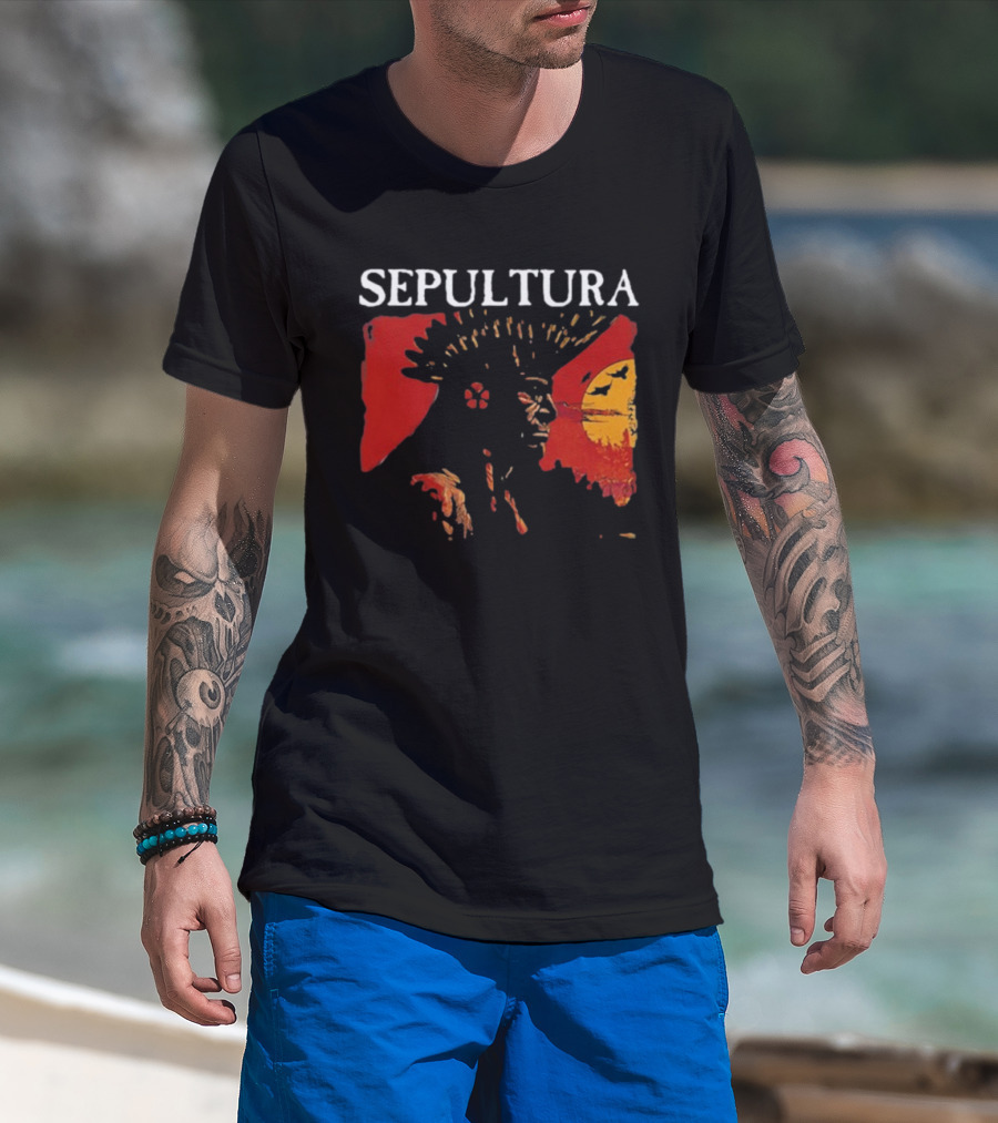 Sepultura Celebrating Life Through Death Black Sunburst And Sunset Scene T-Shirt