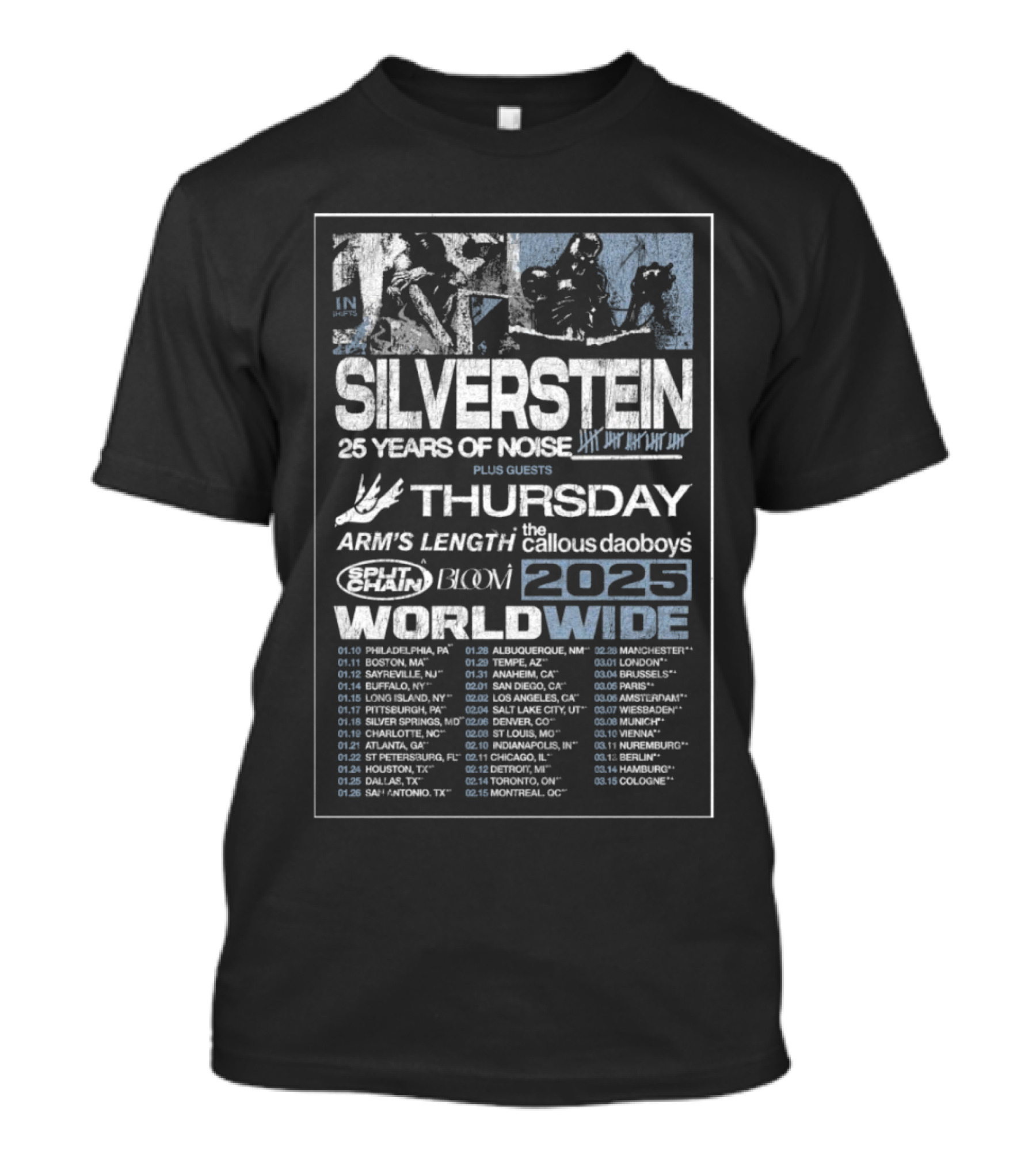 Silverstein 25 Years Of Noise Tour 2025 Featuring Thursday Arms Length SeeYouSpaceCowboy Bloom Worldwide Dates T-Shirt