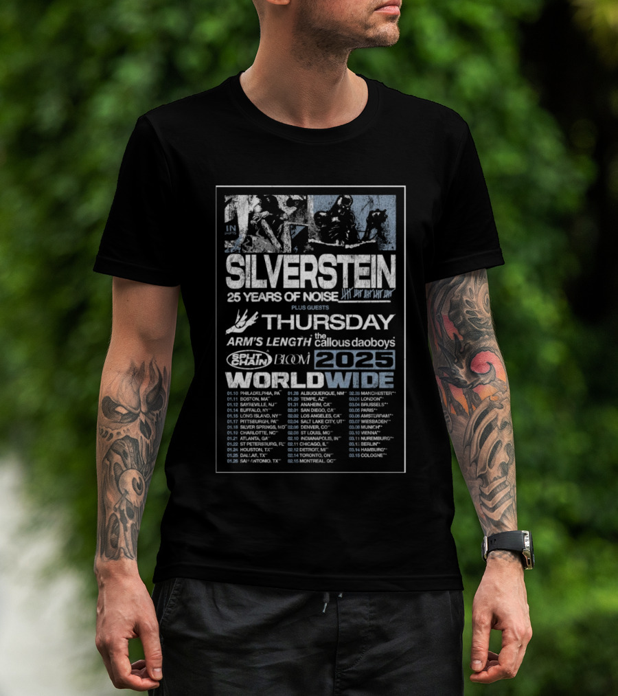 Silverstein 25 Years Of Noise Tour 2025 Featuring Thursday Arms Length SeeYouSpaceCowboy Bloom Worldwide Dates T-Shirt