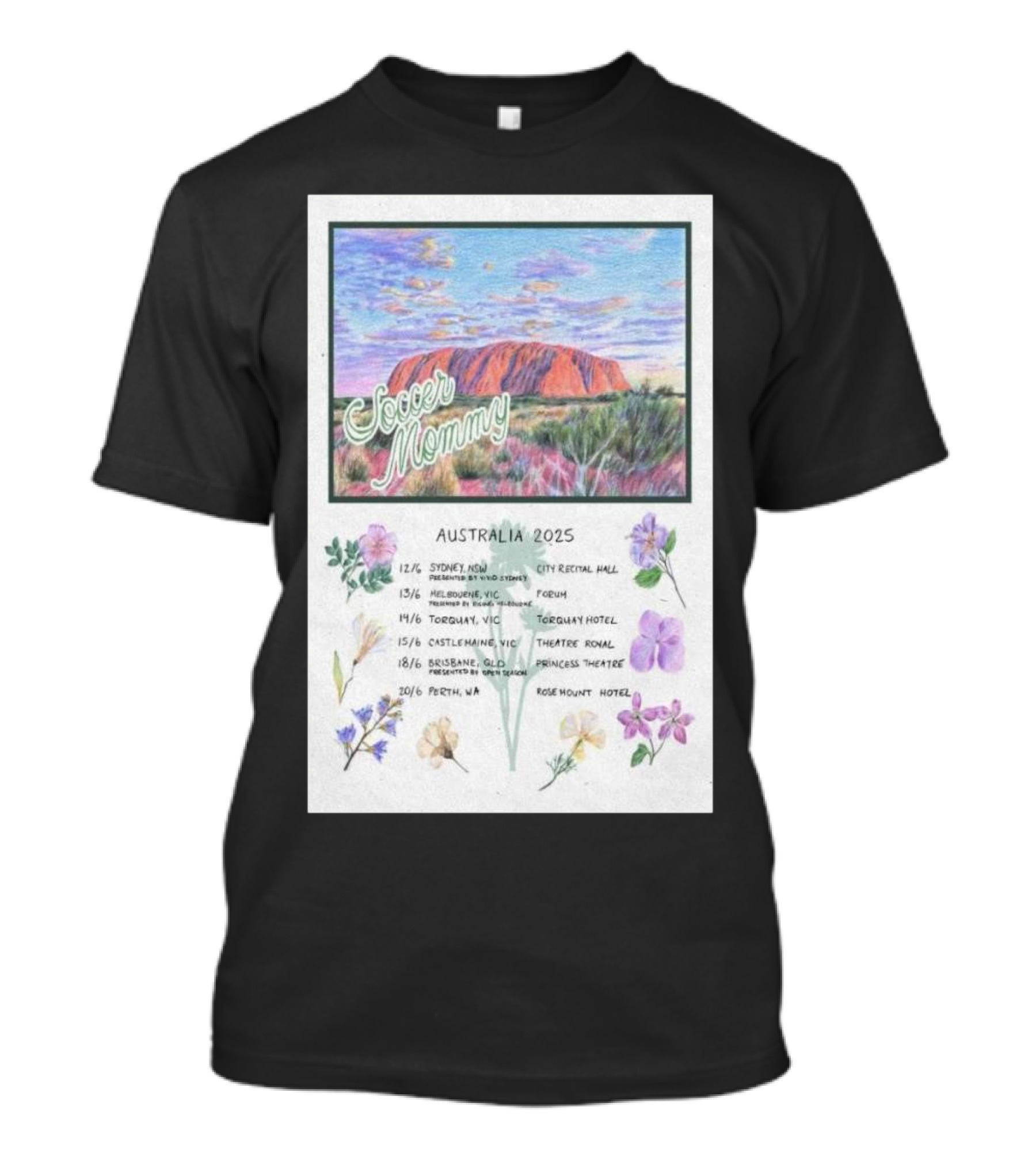 Soccer Mommy Australia Tour 2025 Sydney Melbourne Torquay Castlemaine Brisbane Perth Scenic Landscape And Flowers T-Shirt
