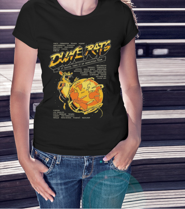 Dune Rats Worldish Tour If It Sucks With Cartoon Rat And Flaming Earth T-Shirt