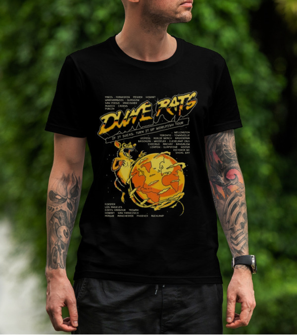 Dune Rats Worldish Tour If It Sucks With Cartoon Rat And Flaming Earth T-Shirt