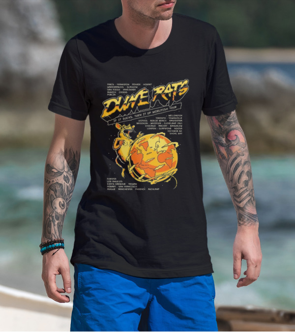 Dune Rats Worldish Tour If It Sucks With Cartoon Rat And Flaming Earth T-Shirt