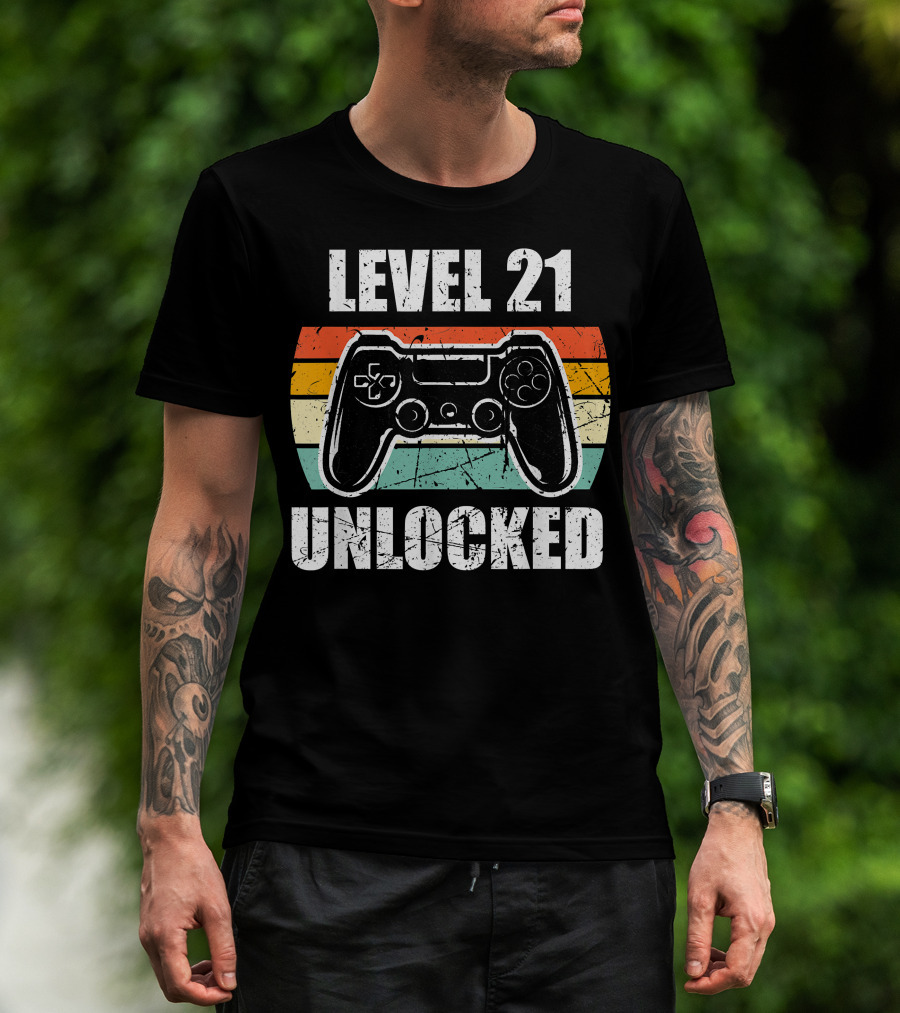 Level 21 Unlocked Vintage Gaming Controller 21st Birthday Gamer T-Shirt