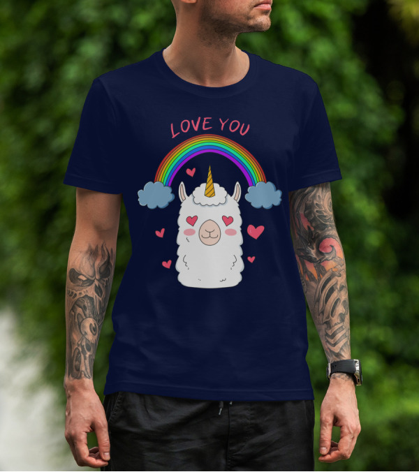 Love You Alpaca Unicorn Rainbow Cloud Hearts T-Shirt