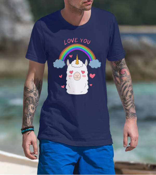 Love You Alpaca Unicorn Rainbow Cloud Hearts T-Shirt
