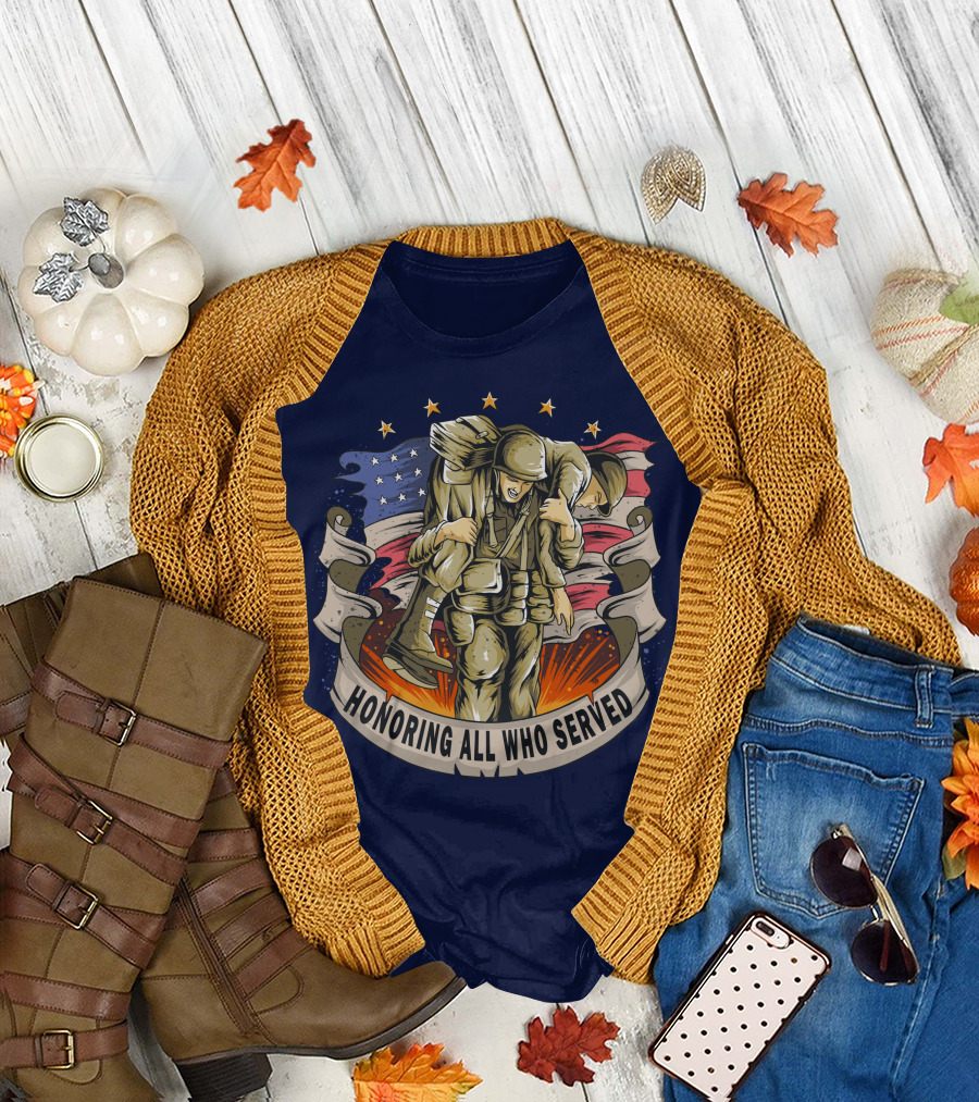 Honoring All Who Served American Army Veterans Holding Friends T-Shirt