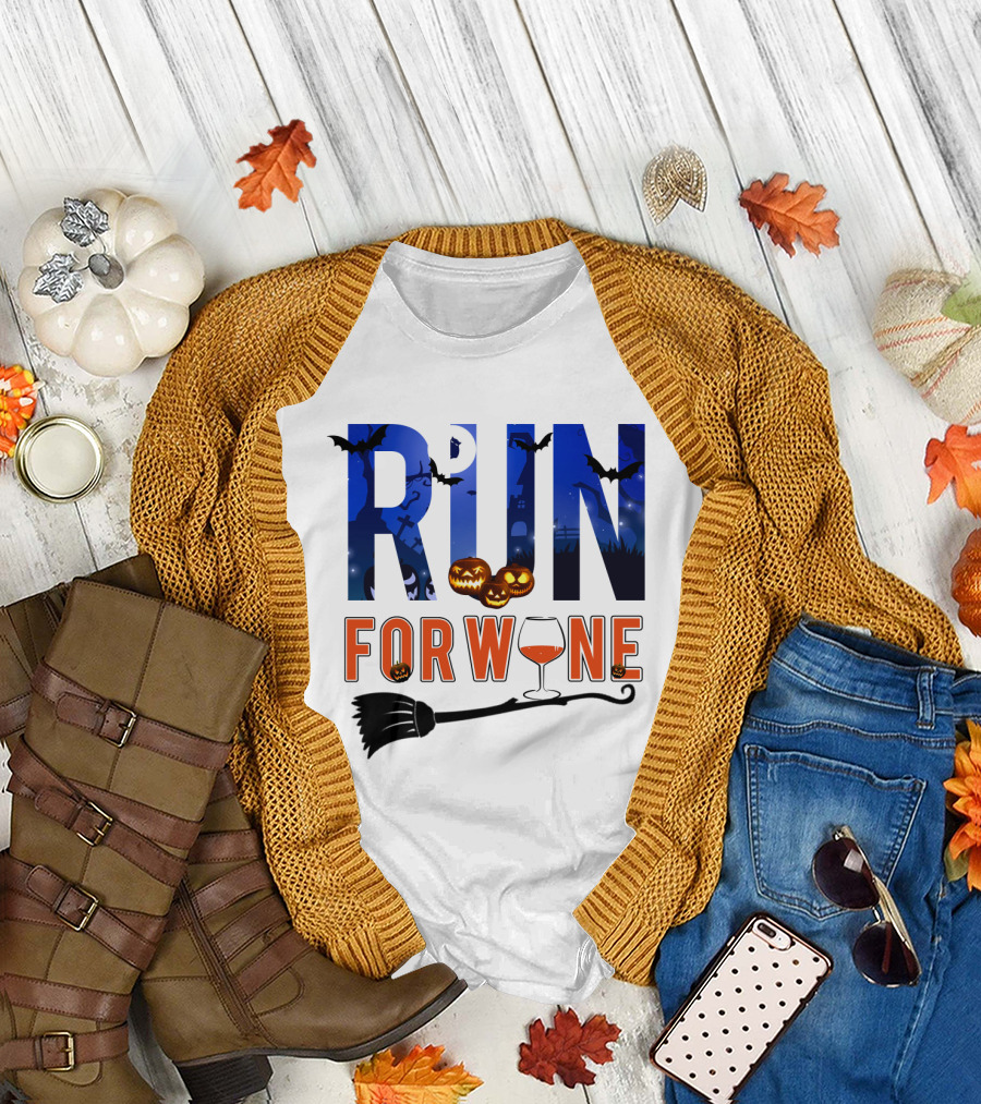 Halloween Run for Wine with Bats, Pumpkins, Witch's Broom, and Wine Glass T-Shirt