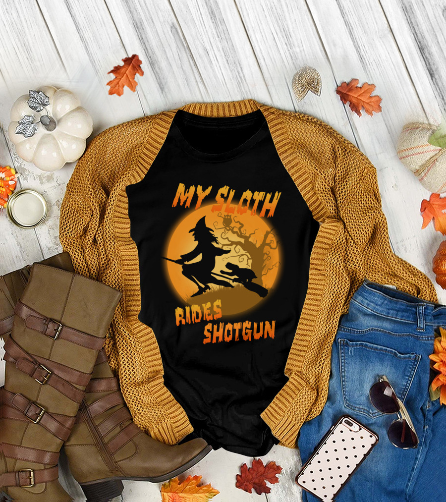 My Sloth Rides Shotgun Witch and Sloth Flying on Broomstick Full Moon T-Shirt