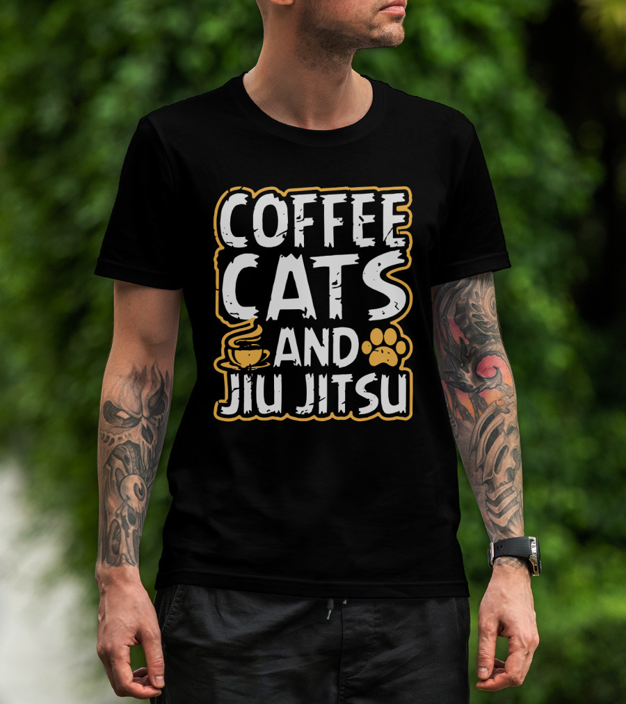 Coffee Cats And Jiu Jitsu With Coffee Cup And Cat Paw Prints T-Shirt