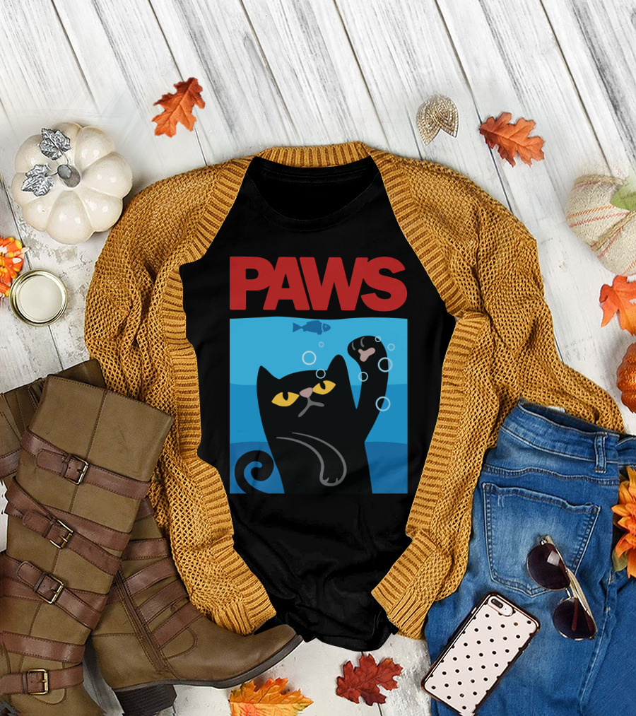 PAWS Jaws Parody Black Cat with Fish in Water T-Shirt