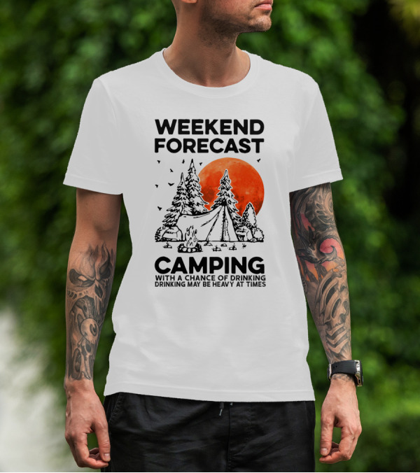 Weekend Forecast Camping With A Chance Of Drinking Drinking May Be Heavy At Times Vibrant Red Moon Forest Nighttime Scene T-Shirt