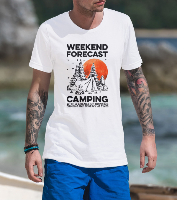 Weekend Forecast Camping With A Chance Of Drinking Drinking May Be Heavy At Times Vibrant Red Moon Forest Nighttime Scene T-Shirt