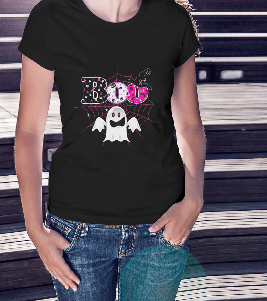 Boo Breast Cancer Awareness Halloween Ghost With Pink Ribbons And Witch Hat T-Shirt