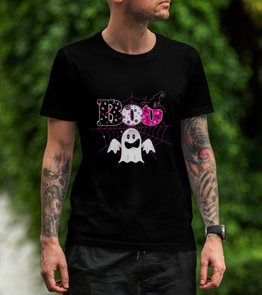 Boo Breast Cancer Awareness Halloween Ghost With Pink Ribbons And Witch Hat T-Shirt