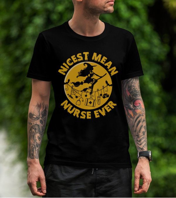 Nicest Mean Nurse Ever Witch Theme With Medical And Halloween Elements T-Shirt