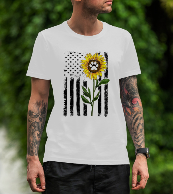 Sunflower Dog Paw Over American Flag Background T-Shirt