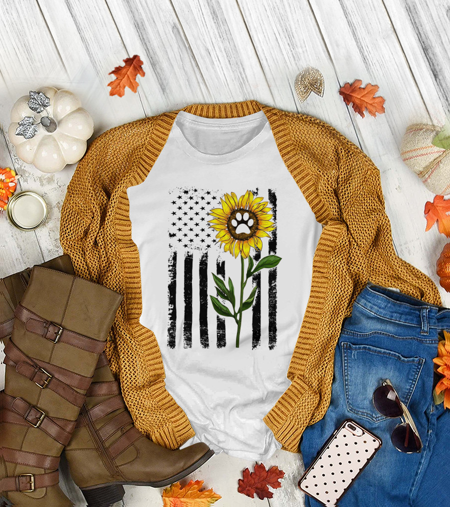 Sunflower Dog Paw Over American Flag Background T-Shirt