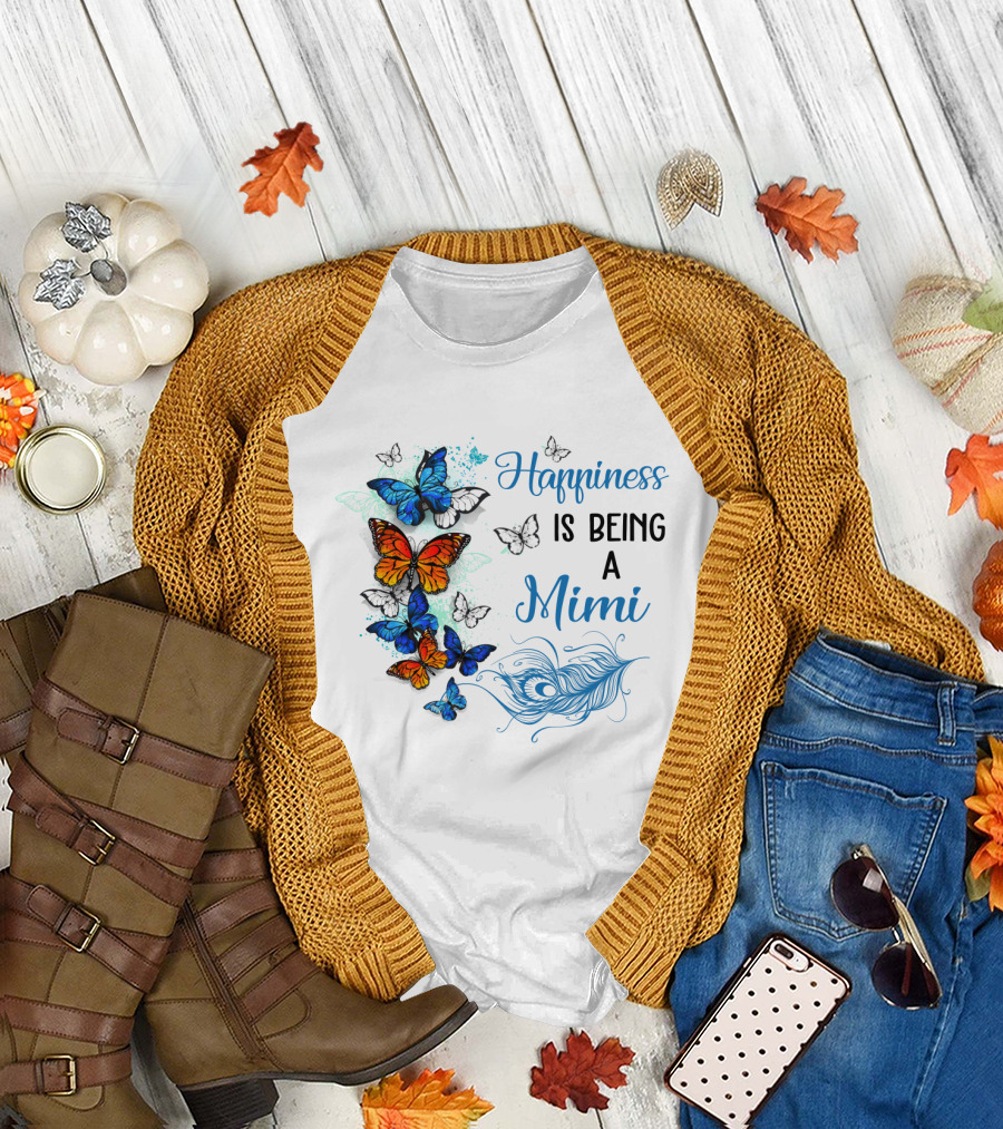 Happiness Is Being A Mimi Colorful Butterfly with Peacock Feather Accents T-Shirt