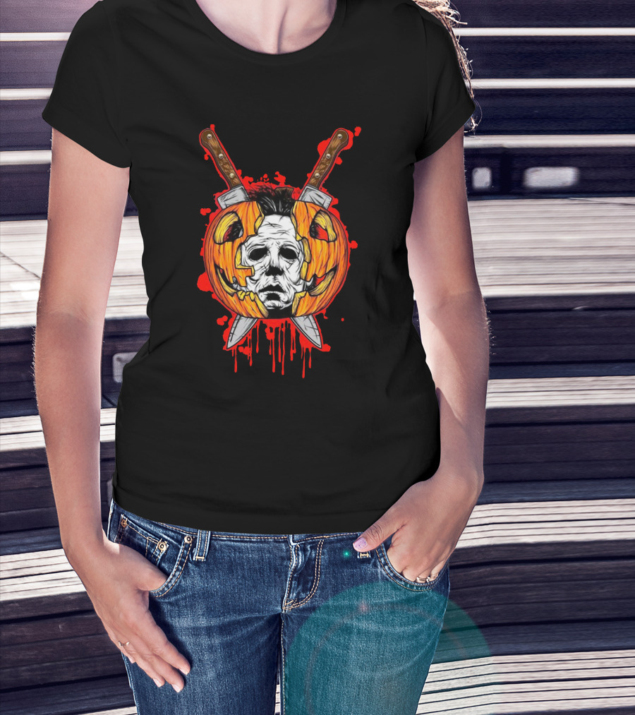 Michael Myers Pumpkin Head Halloween Horror Iconic Mask Crossed Knives T-Shirt