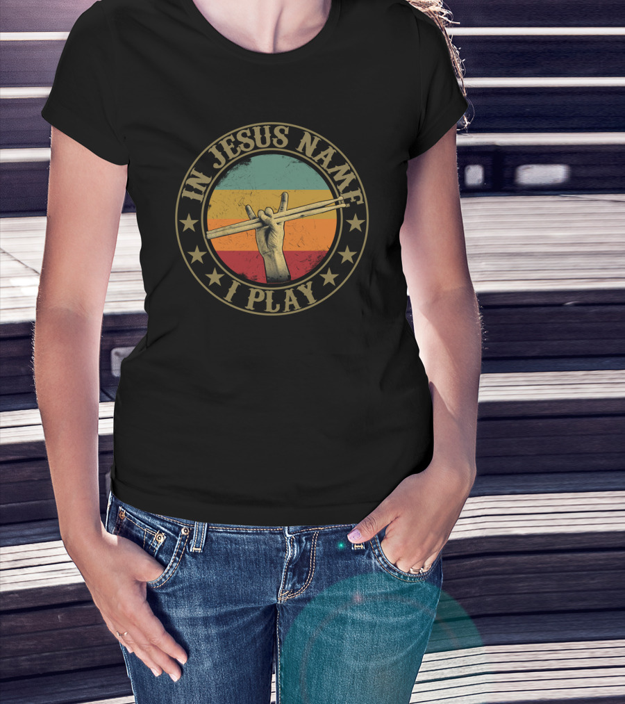 In Jesus Name I Play Drumsticks Retro Hand Sign T-Shirt