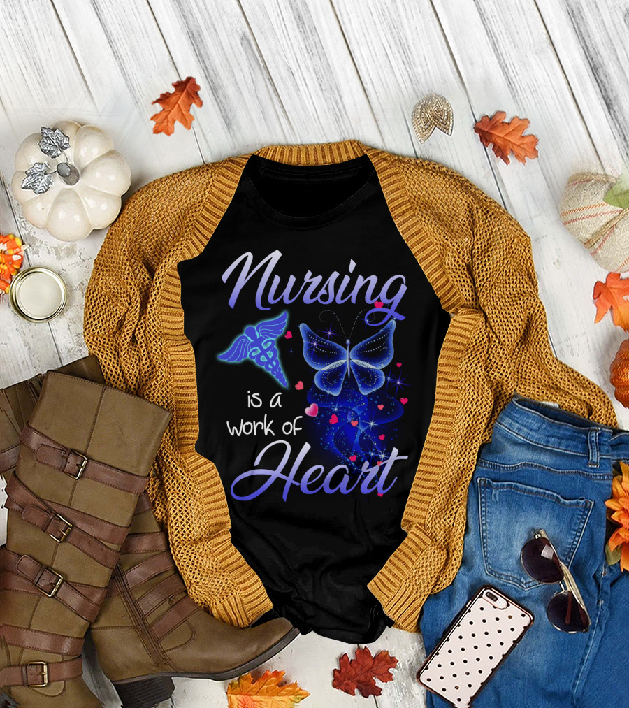 Nursing Is A Work Of Heart Butterfly Caduceus and Hearts T-Shirt