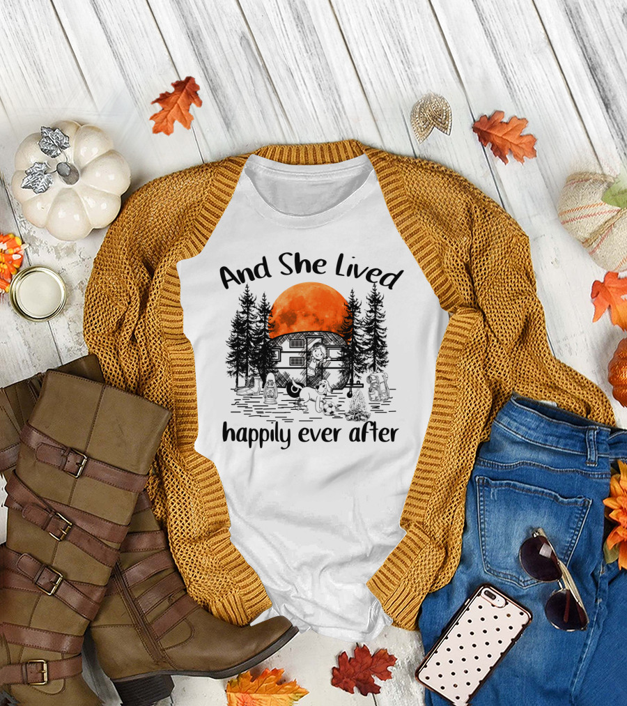 And She Lived Happily Ever After Camping Adventure with Orange Moon and Campfire Scene T-Shirt