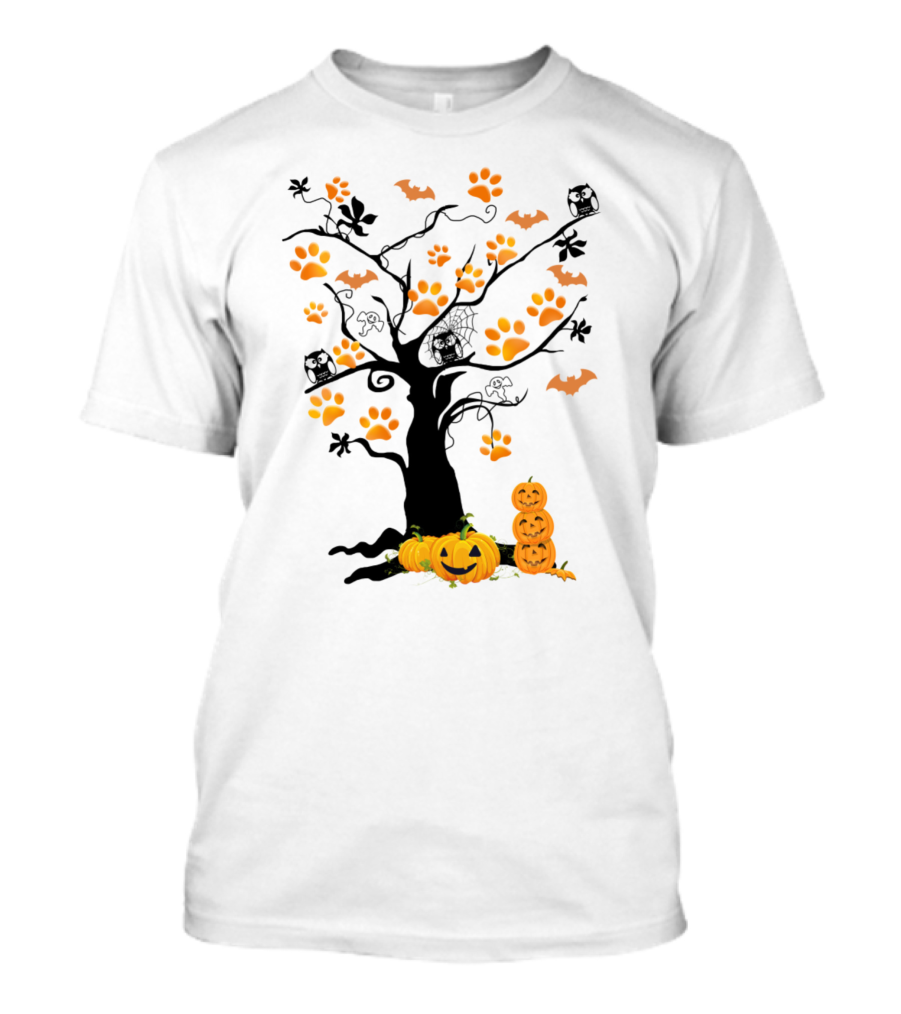 Dog Paw Tree Halloween Pumpkins Bats Owls Ghosts T-Shirt